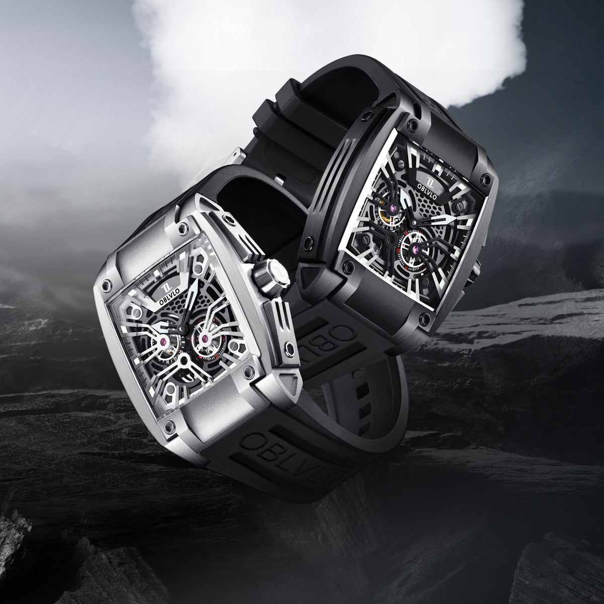 OBLVLO Personalized Men Automatic Mechanical Watch Luminous Skeleton Stainless Steel Case Rubber Strap Sapphire Big Rectangle GM