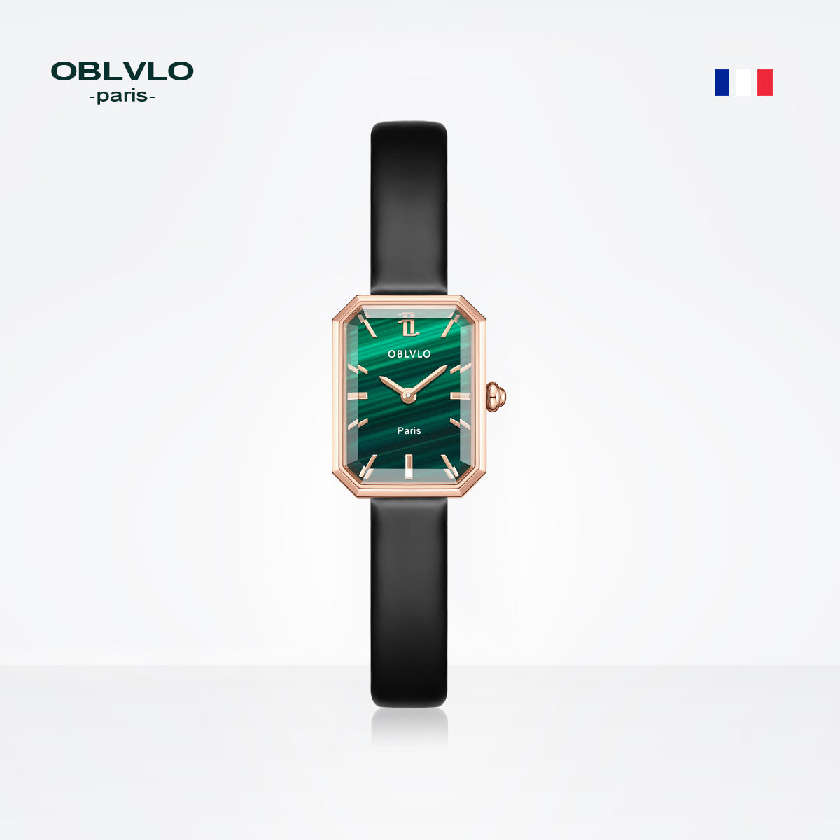 OBLVLO Luxury Green Quartz Watch for Women Malachite Leather Strap Sapphire Waterproof Exquisite Romantic Rectangle Clock LW