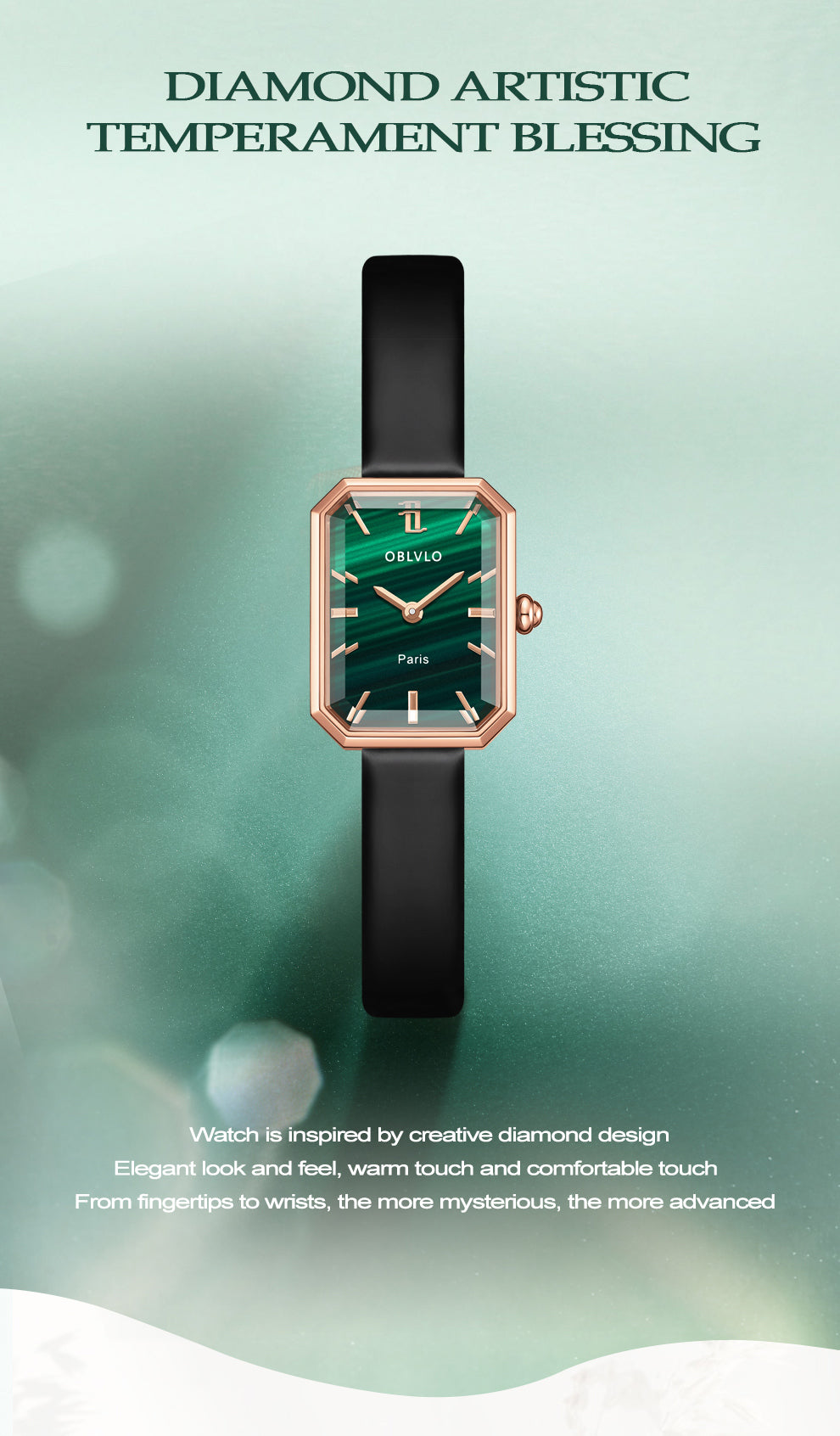 OBLVLO Luxury Green Quartz Watch for Women Malachite Leather Strap Sapphire Waterproof Exquisite Romantic Rectangle Clock LW