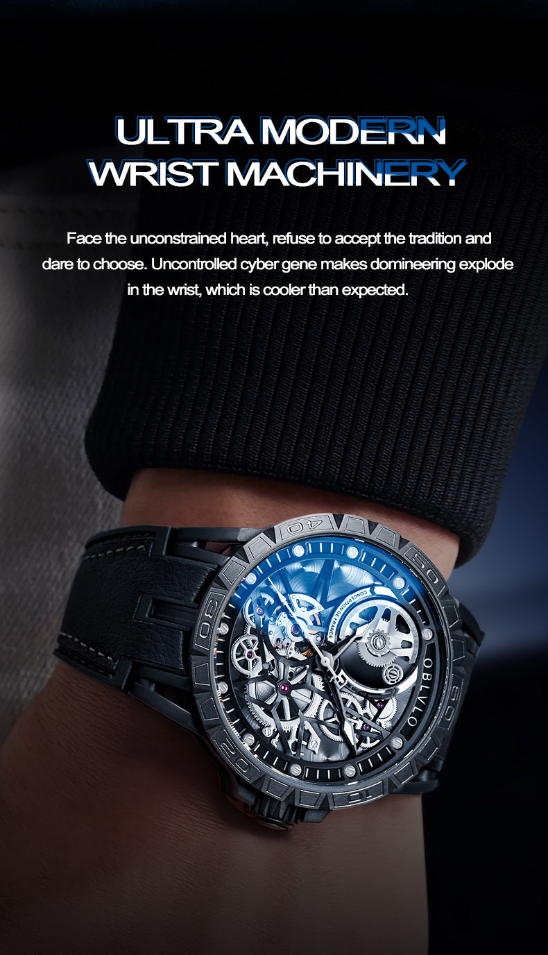OBLVLO Designer Skeleton Sport Automatic Mechanical Watch For Men Rubber Strap Sapphire Shockproof Waterproof Diameter 47mm LM