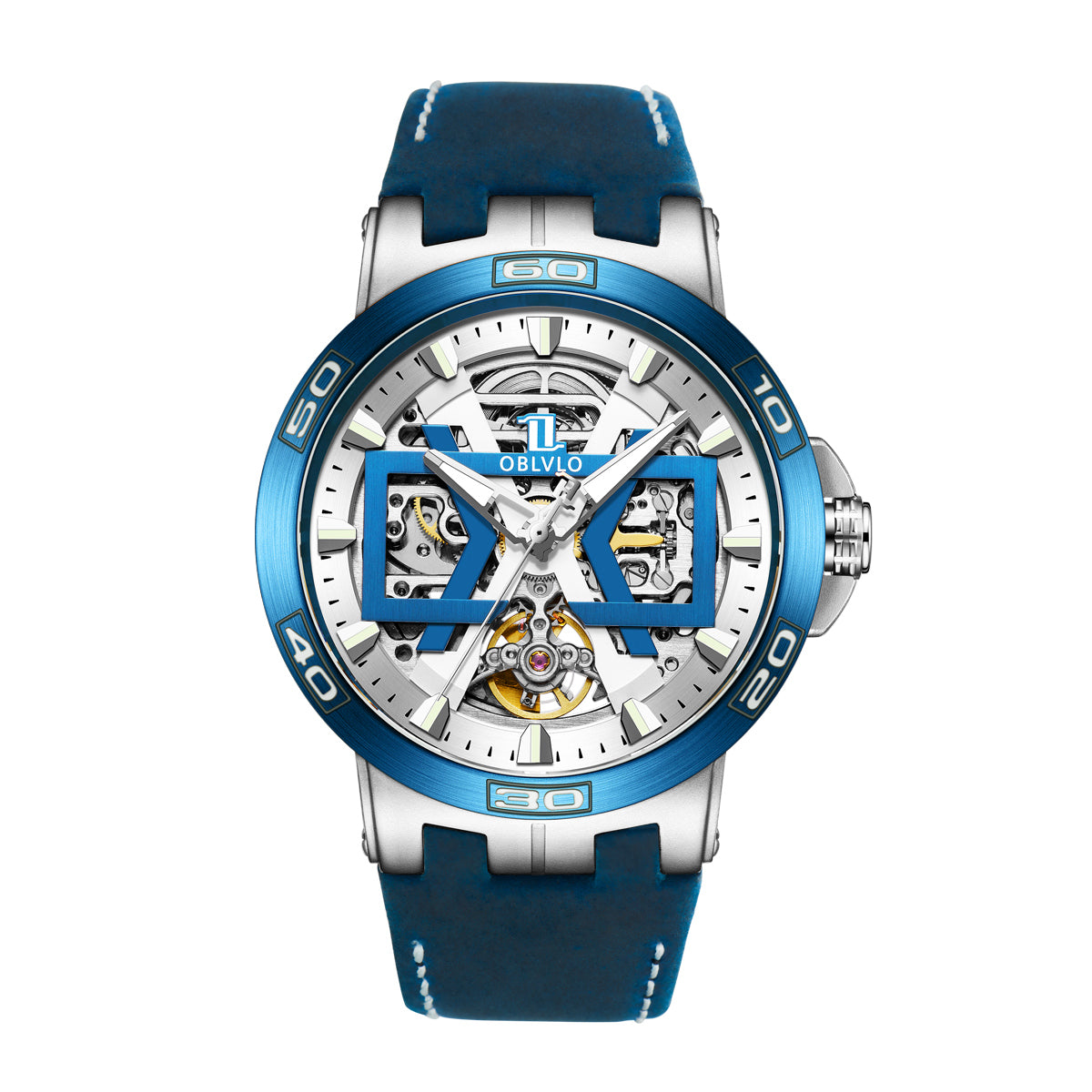 OBLVLO Sport Skeleton Luminous Military Automatic Mechanical Watch for Men Steel Case Leather Strap Sapphire Waterproof UM