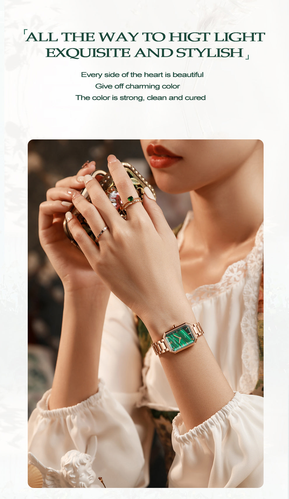 OBLVLO Luxury Green Quartz Watch for Women Malachite Leather Strap Sapphire Waterproof Exquisite Romantic Rectangle Clock LW