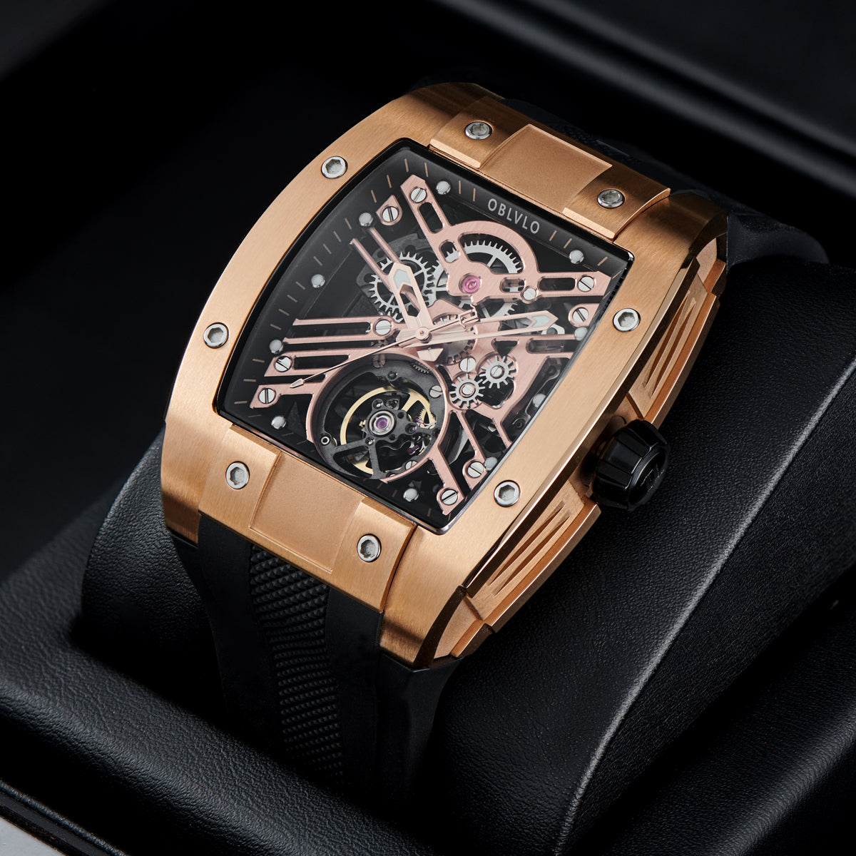 OBLVLO Original Brand Men Automatic Mechanical Watch Sport Skeleton Luminous Wine Barrel Carbon Fiber Case Rubber Strap EM-ST