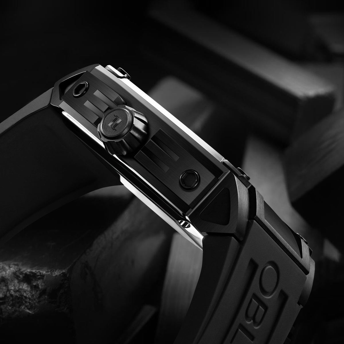 OBLVLO Personalized Men Automatic Mechanical Watch Luminous Skeleton Stainless Steel Case Rubber Strap Sapphire Big Rectangle GM