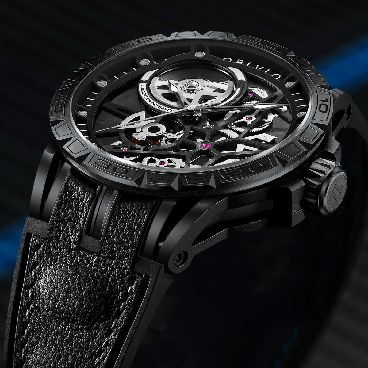 OBLVLO Designer Skeleton Sport Automatic Mechanical Watch For Men Rubber Strap Sapphire Shockproof Waterproof Diameter 47mm LM