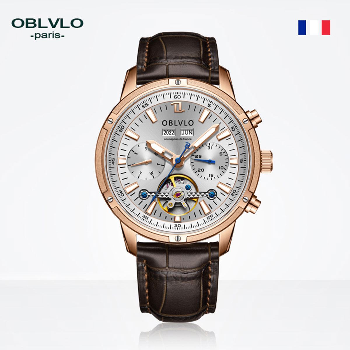 OBLVLO Men Business Automatic Watch Mechanical Tourbillon Luminous Leather Strap Sapphire Waterproof Calendar Week Year CM-T