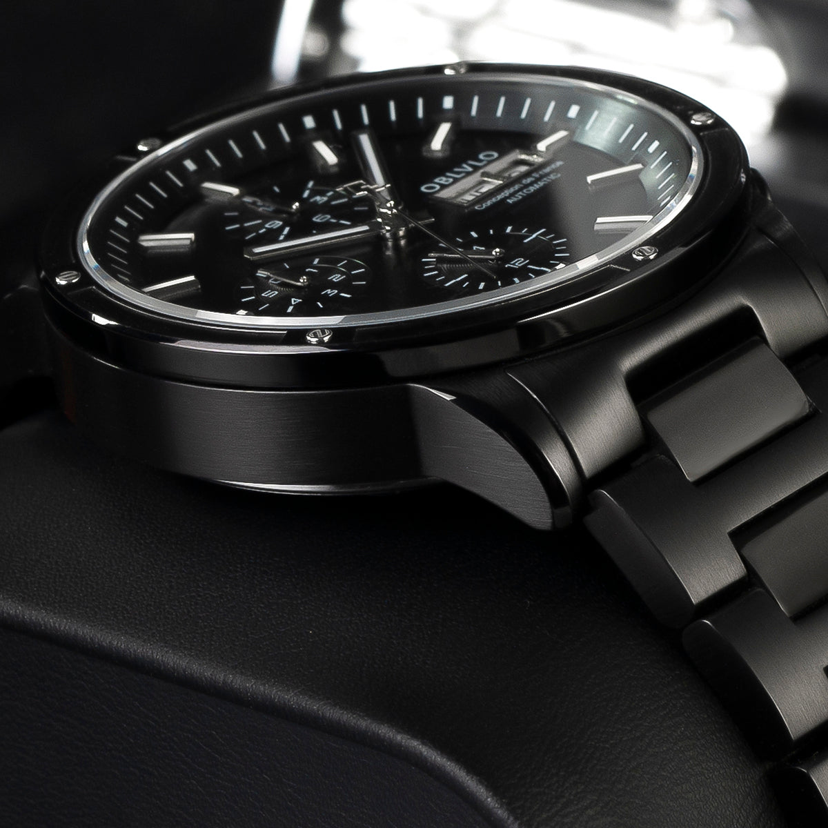 OBLVLO Men Dress Automatic Mechanical Watch Stainless Steel Strap Sapphire Year Month Weekly Calendar 24Hour Luminous Clock CM