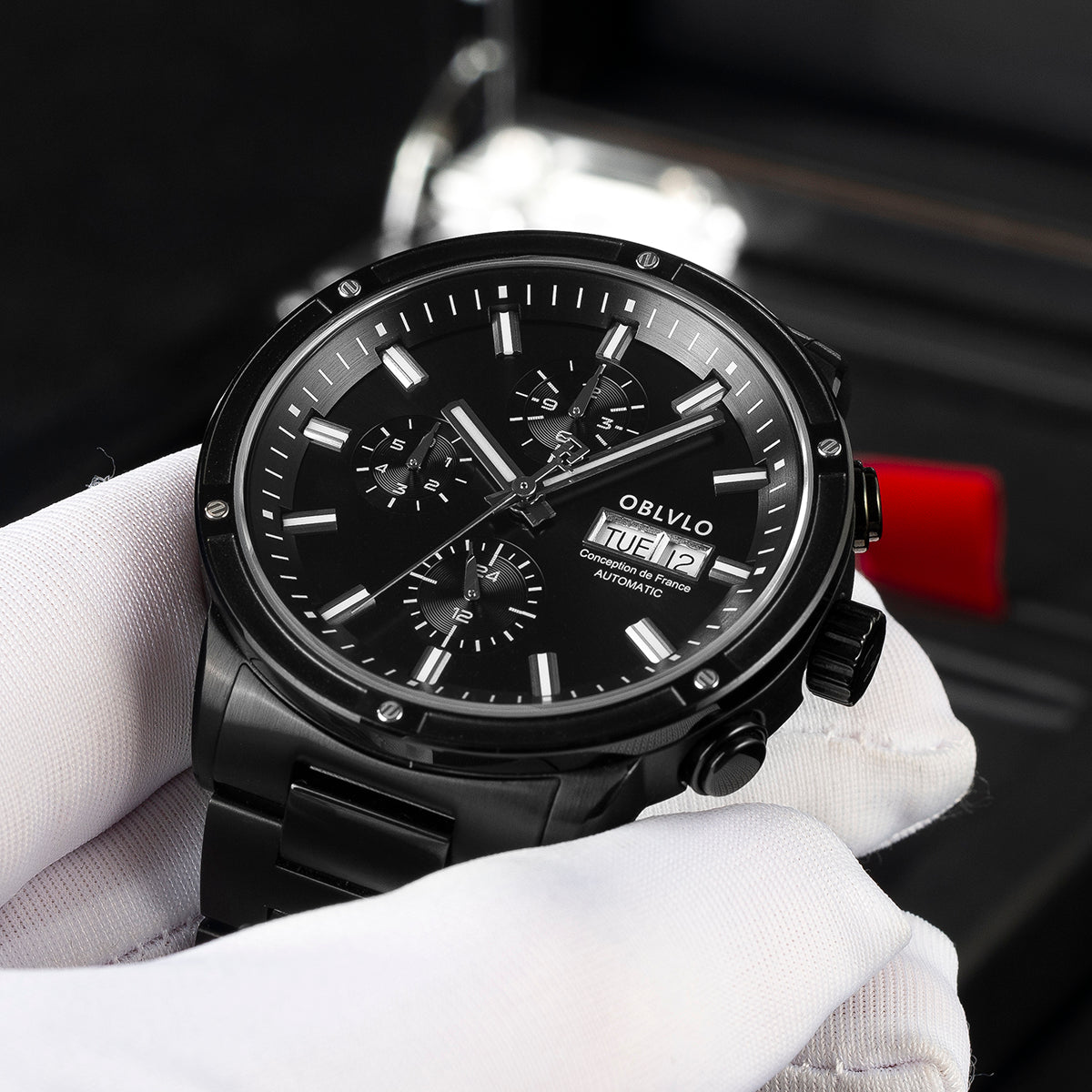 OBLVLO Men Dress Automatic Mechanical Watch Stainless Steel Strap Sapphire Year Month Weekly Calendar 24Hour Luminous Clock CM