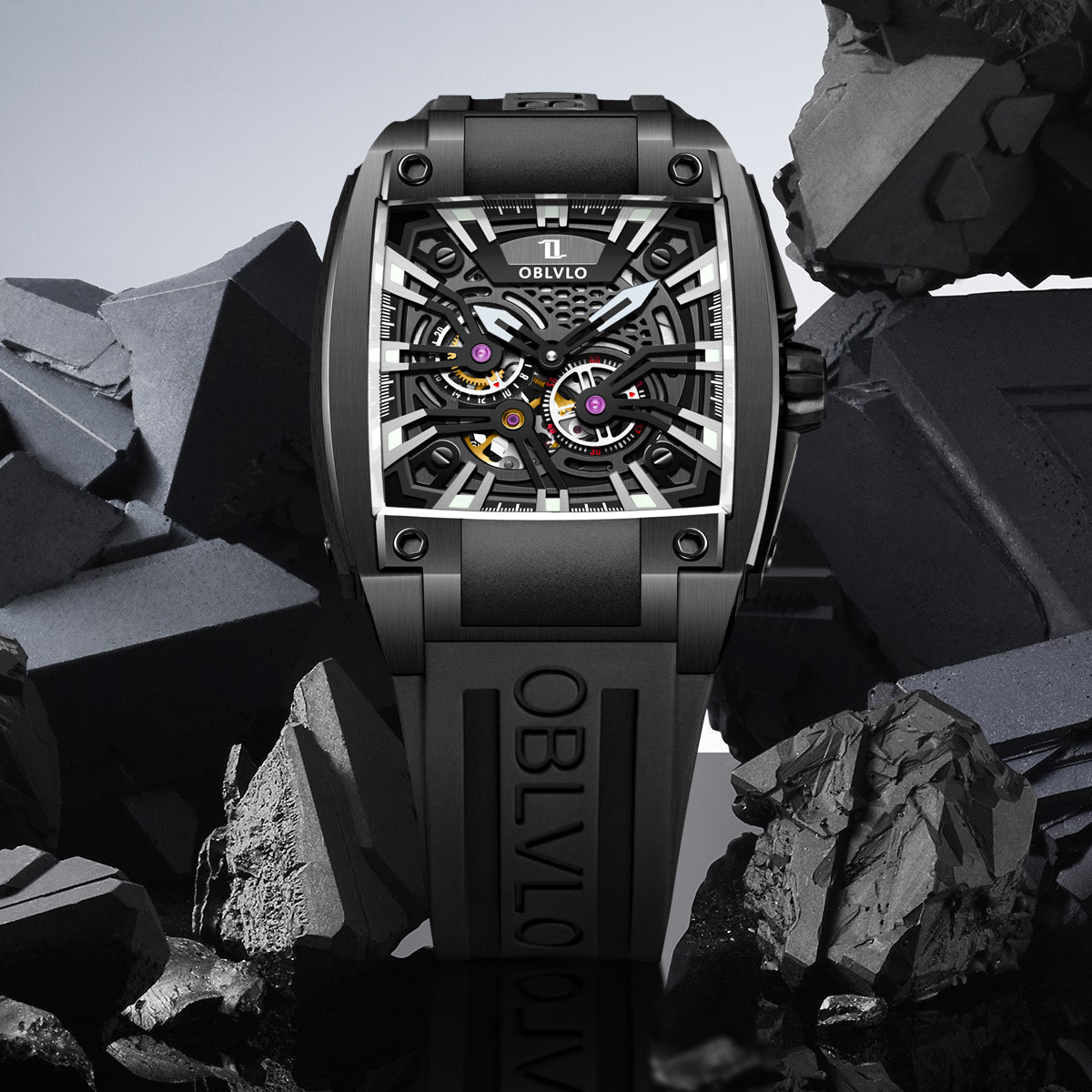 OBLVLO Personalized Men Automatic Mechanical Watch Luminous Skeleton Stainless Steel Case Rubber Strap Sapphire Big Rectangle GM