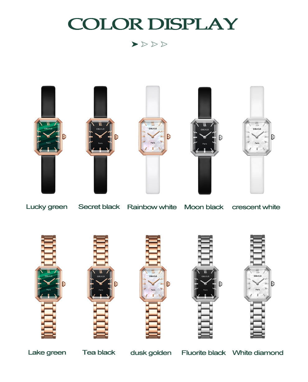 OBLVLO Luxury Green Quartz Watch for Women Malachite Leather Strap Sapphire Waterproof Exquisite Romantic Rectangle Clock LW