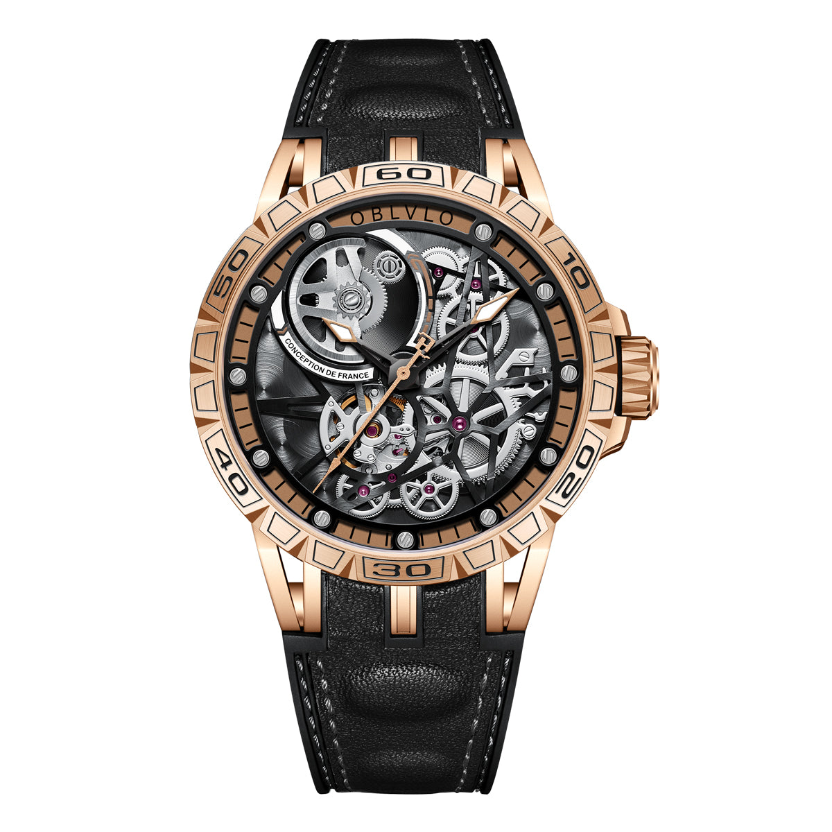 OBLVLO Designer Skeleton Sport Automatic Mechanical Watch For Men Rubber Strap Sapphire Shockproof Waterproof Diameter 47mm LM
