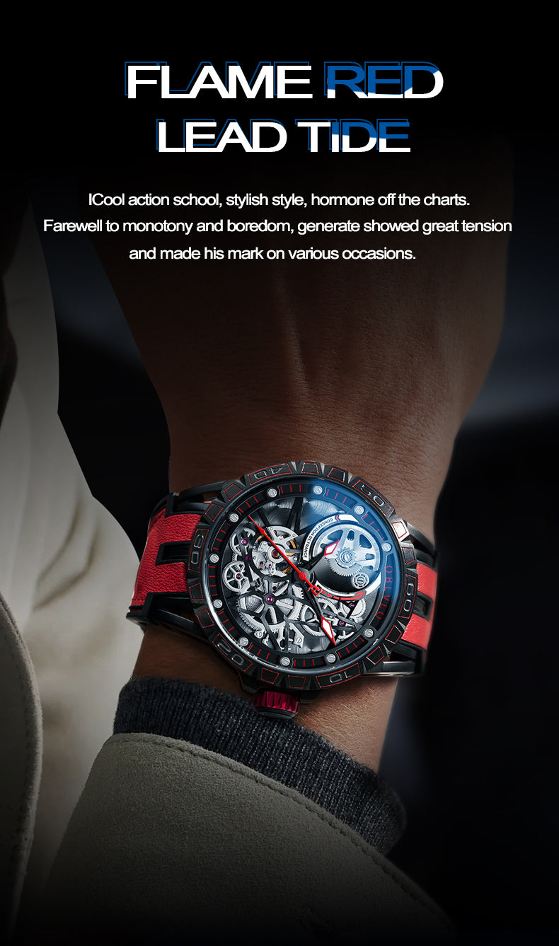OBLVLO Designer Skeleton Sport Automatic Mechanical Watch For Men Rubber Strap Sapphire Shockproof Waterproof Diameter 47mm LM