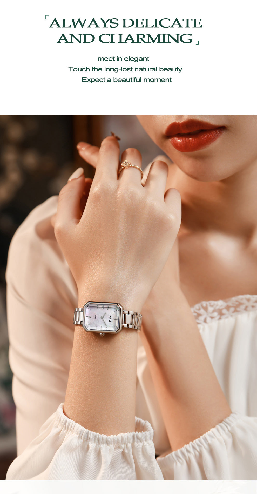 OBLVLO Luxury Green Quartz Watch for Women Malachite Leather Strap Sapphire Waterproof Exquisite Romantic Rectangle Clock LW