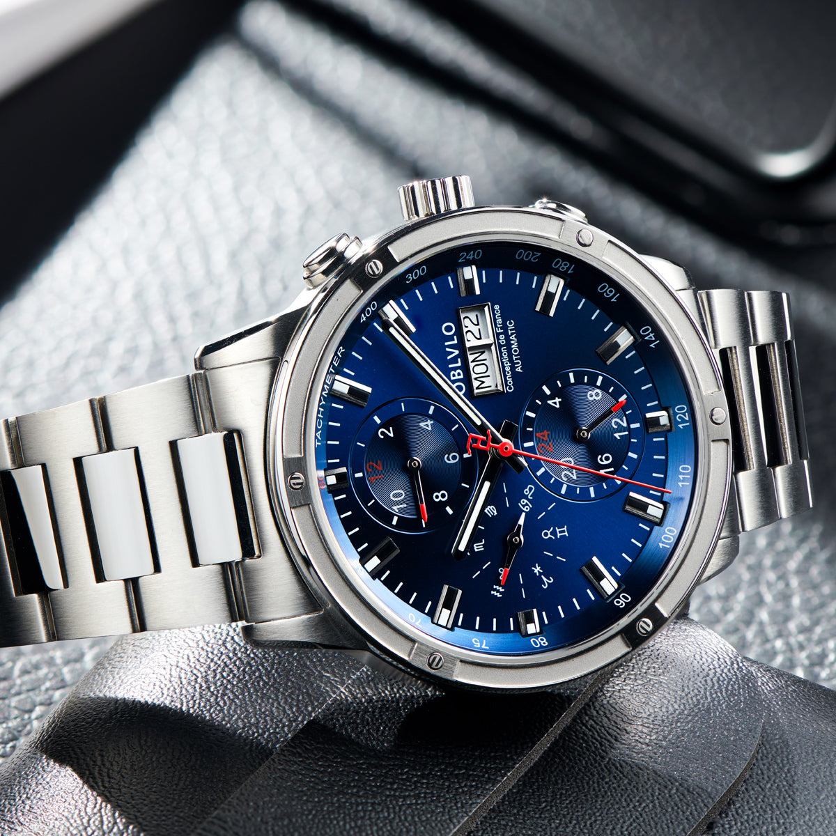 OBLVLO Brand Men Dress Automatic Watch Mechanical Stainless Steel Strap Sapphire Year Month Week Calendar 24-Hour Display CM2