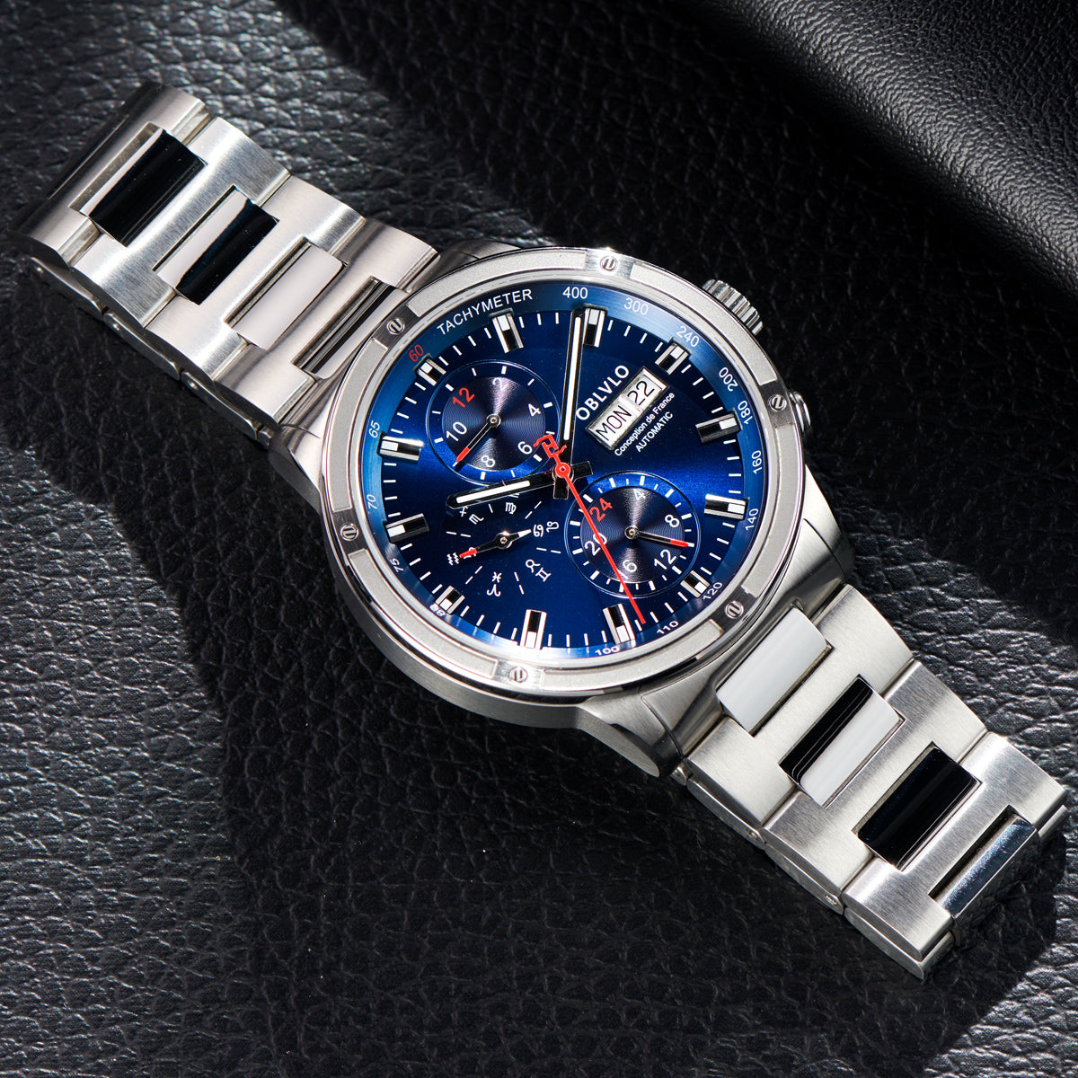 OBLVLO Brand Men Dress Automatic Watch Mechanical Stainless Steel Strap Sapphire Year Month Week Calendar 24-Hour Display CM2