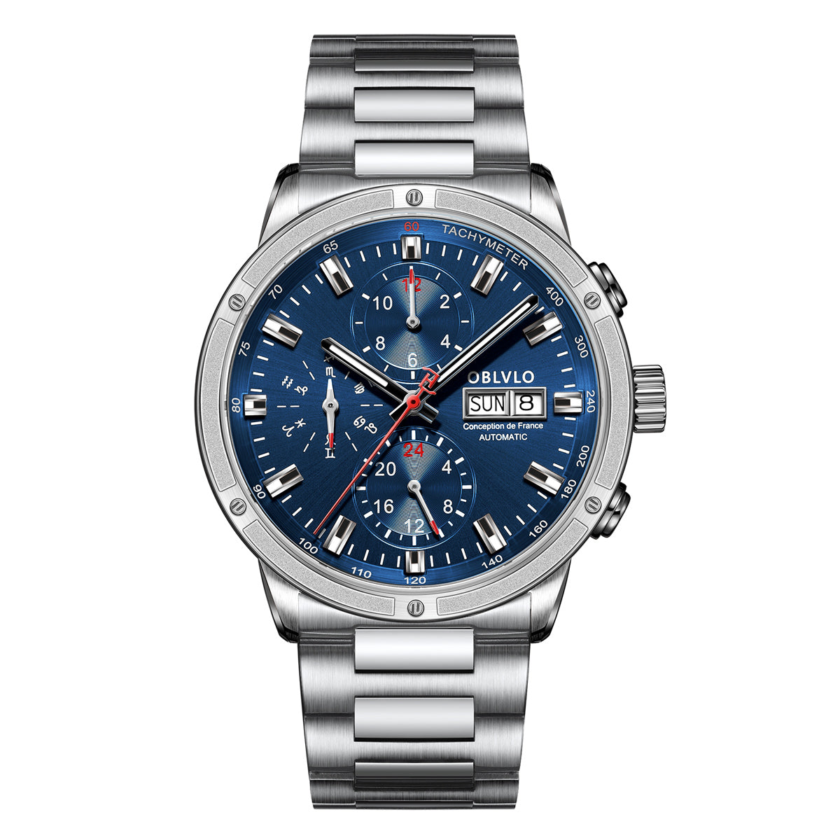 OBLVLO Brand Men Dress Automatic Watch Mechanical Stainless Steel Strap Sapphire Year Month Week Calendar 24-Hour Display CM2