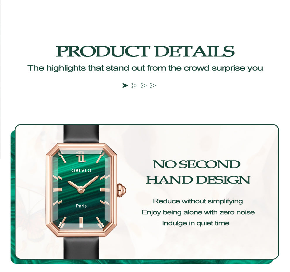 OBLVLO Luxury Green Quartz Watch for Women Malachite Leather Strap Sapphire Waterproof Exquisite Romantic Rectangle Clock LW