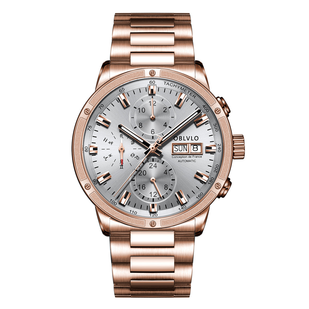 OBLVLO Brand Men Dress Automatic Watch Mechanical Stainless Steel Strap Sapphire Year Month Week Calendar 24-Hour Display CM2