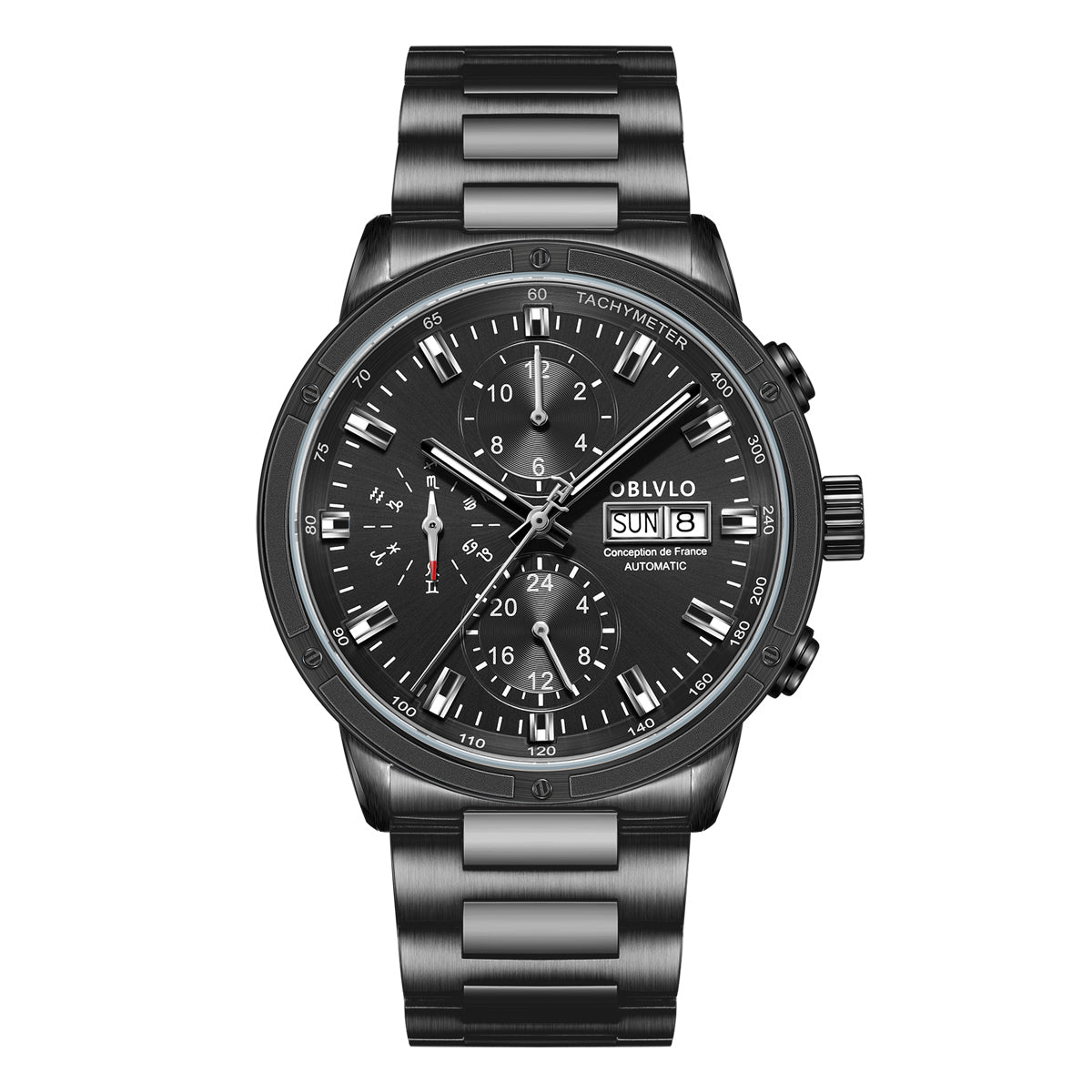 OBLVLO Brand Men Dress Automatic Watch Mechanical Stainless Steel Strap Sapphire Year Month Week Calendar 24-Hour Display CM2