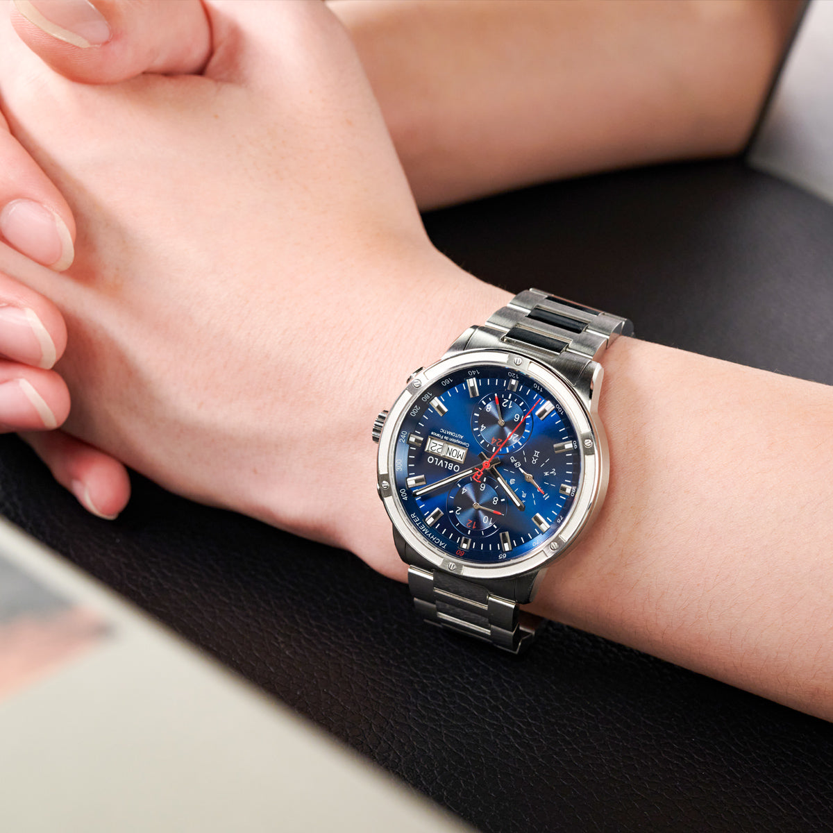 OBLVLO Brand Men Dress Automatic Watch Mechanical Stainless Steel Strap Sapphire Year Month Week Calendar 24-Hour Display CM2