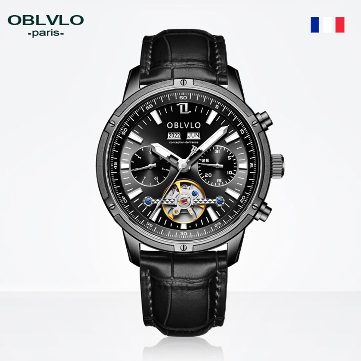 OBLVLO Men Business Automatic Watch Mechanical Tourbillon Luminous Leather Strap Sapphire Waterproof Calendar Week Year CM-T