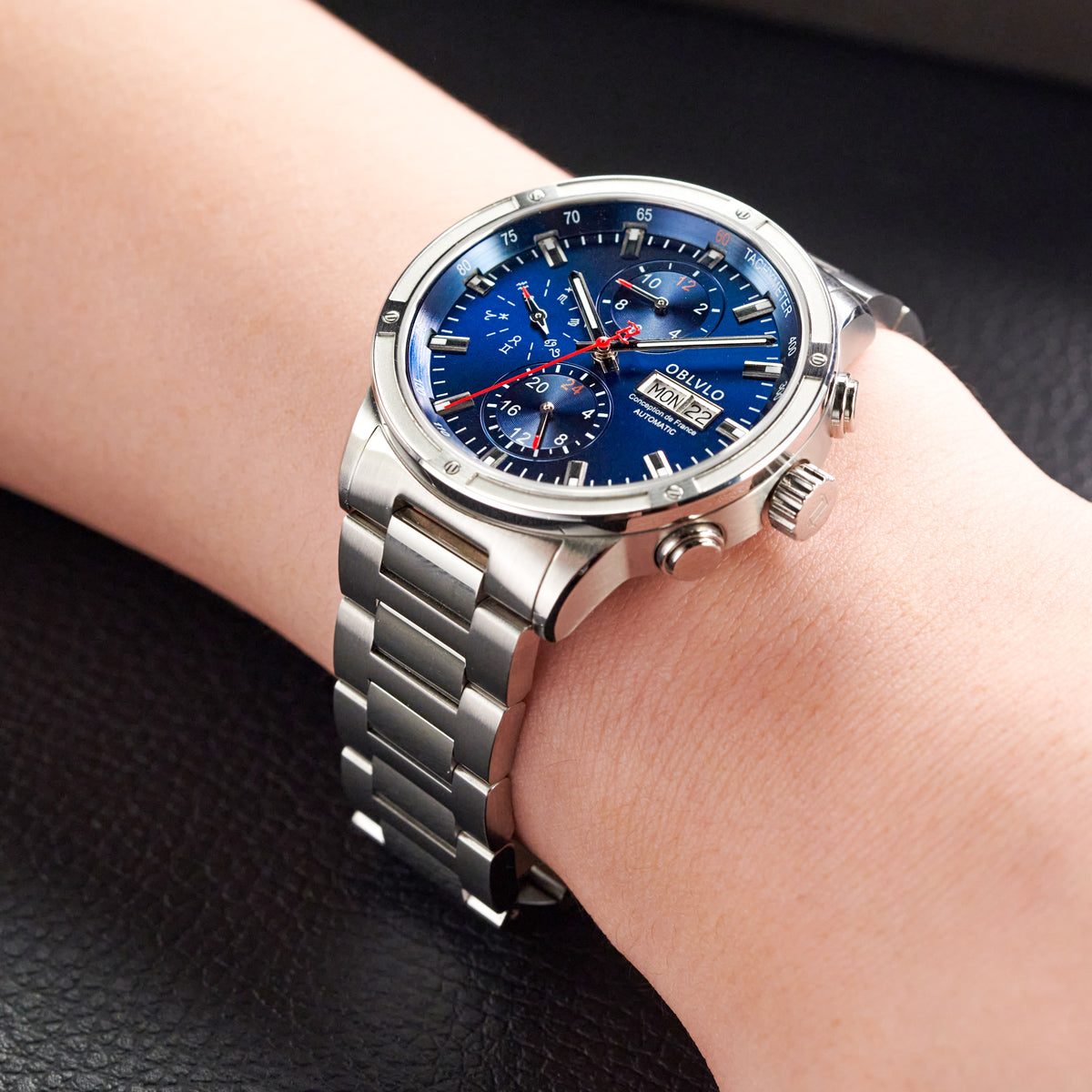 OBLVLO Brand Men Dress Automatic Watch Mechanical Stainless Steel Strap Sapphire Year Month Week Calendar 24-Hour Display CM2