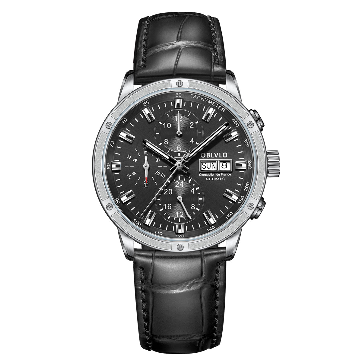 OBLVLO Men Dress Automatic Watch Mechanical Sapphire Year Month Week Calendar 24-Hour Display 40mm Clock CM2