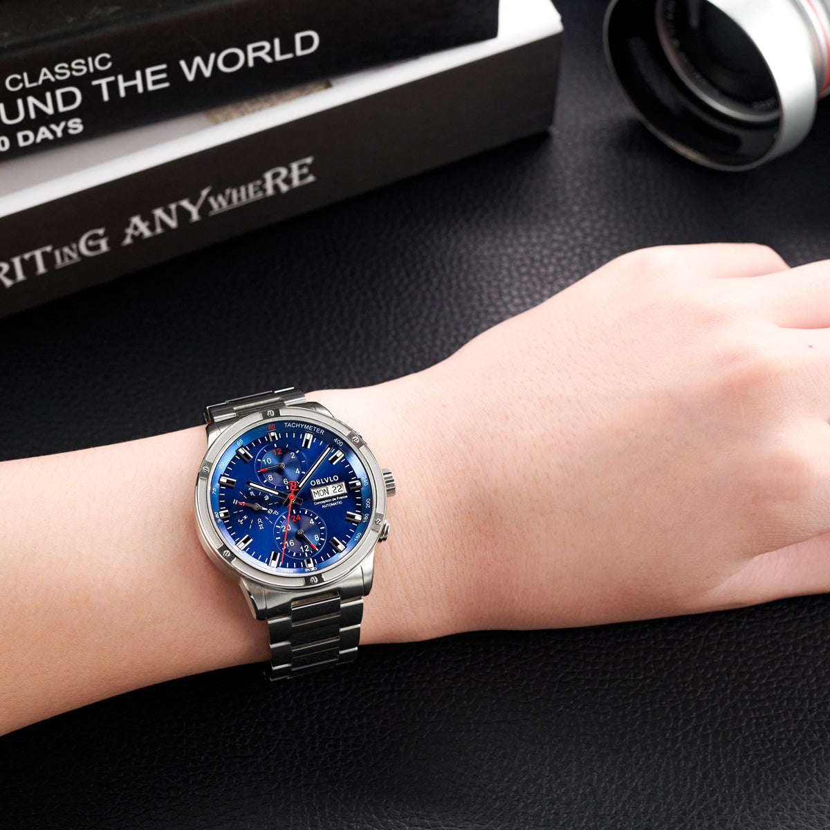 OBLVLO Brand Men Dress Automatic Watch Mechanical Stainless Steel Strap Sapphire Year Month Week Calendar 24-Hour Display CM2