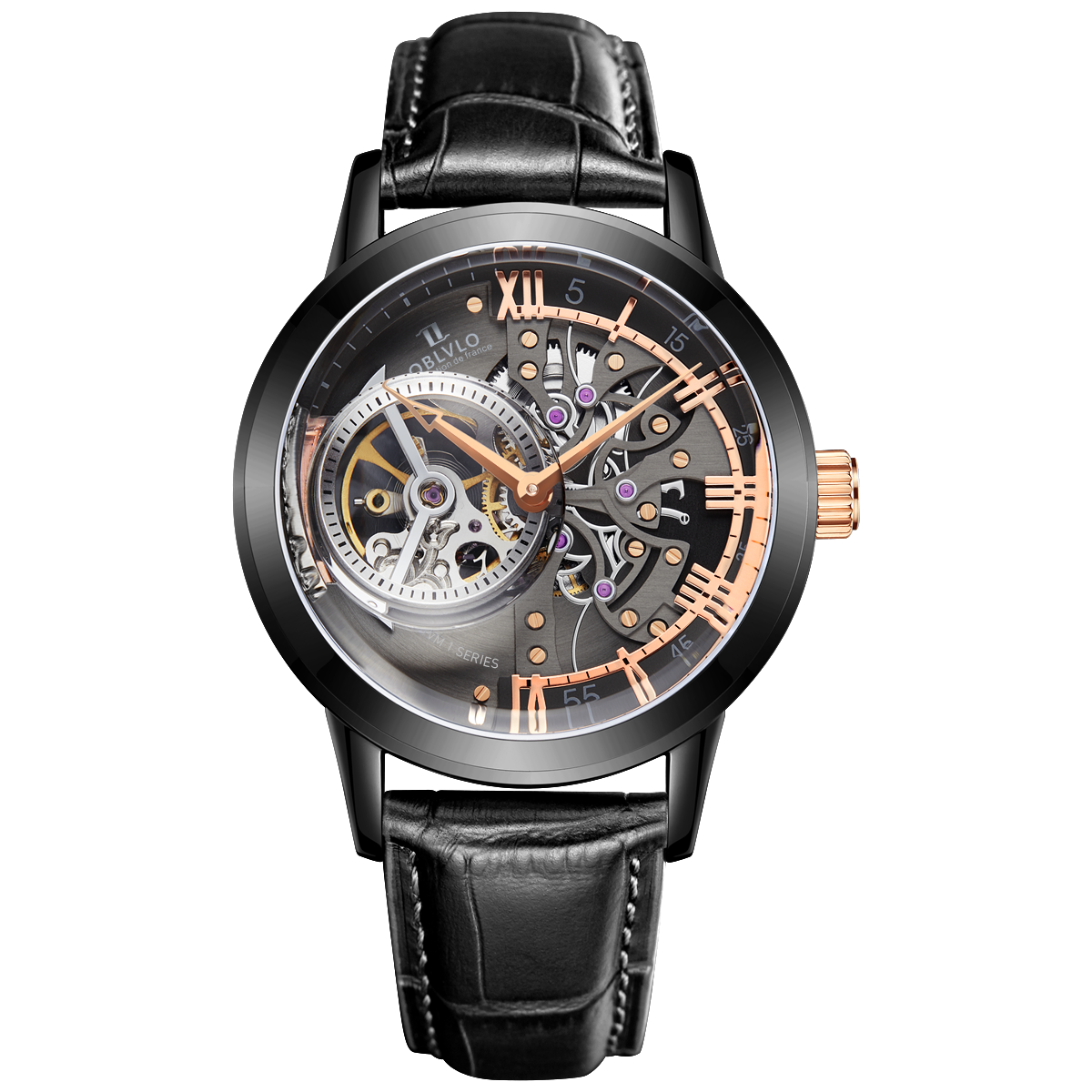 OBLVLO Luxury Retro Casual Men Skeleton Automatic Watches Mechanical Calfskin Strap Mineral Crystal Glass Waterproof Dial 45 VM