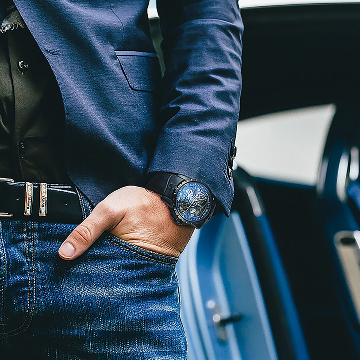 OBLVLO Luxury Sport Men Skeleton Automatical Watch Mechanical Calfskin Strap Sapphire Waterproof Clock RM-S