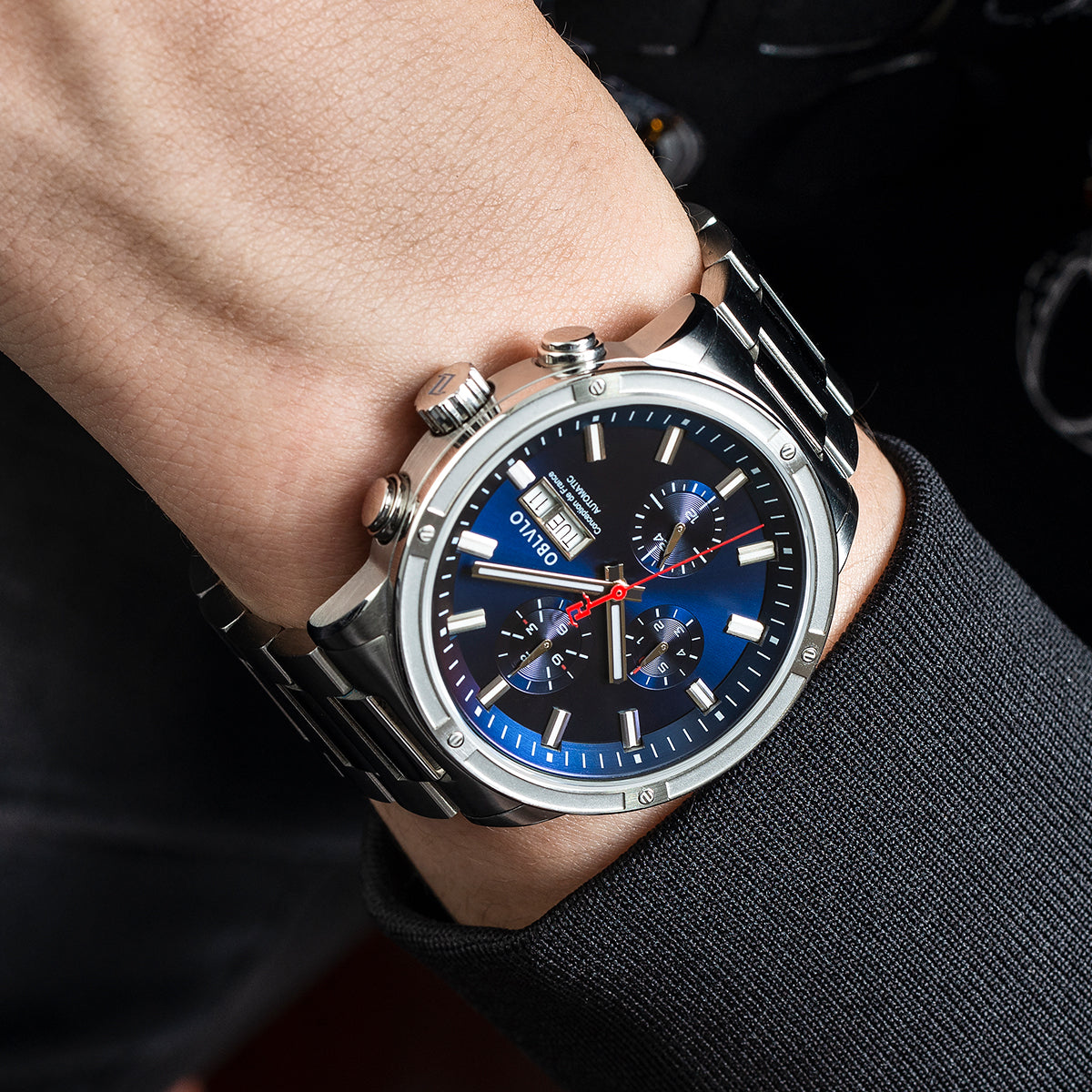 OBLVLO Men Dress Automatic Mechanical Watch Stainless Steel Strap Sapphire Year Month Weekly Calendar 24Hour Luminous Clock CM