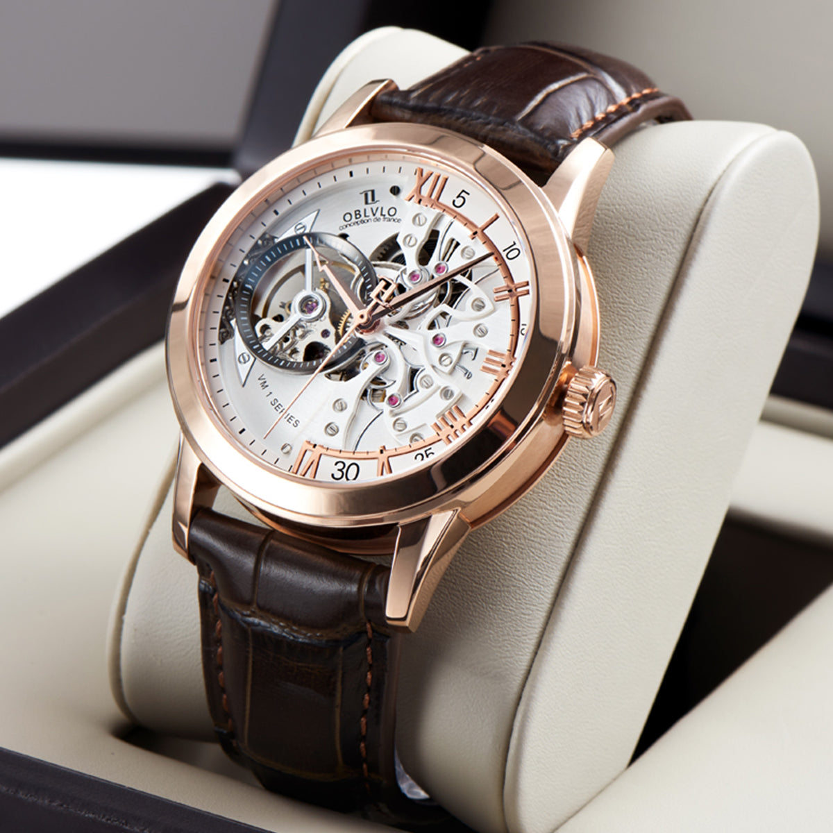 OBLVLO Retro Men Skeleton Automatic Watch Mechanical Casual Calfskin Strap Sapphire Waterproof 42mm VM-S