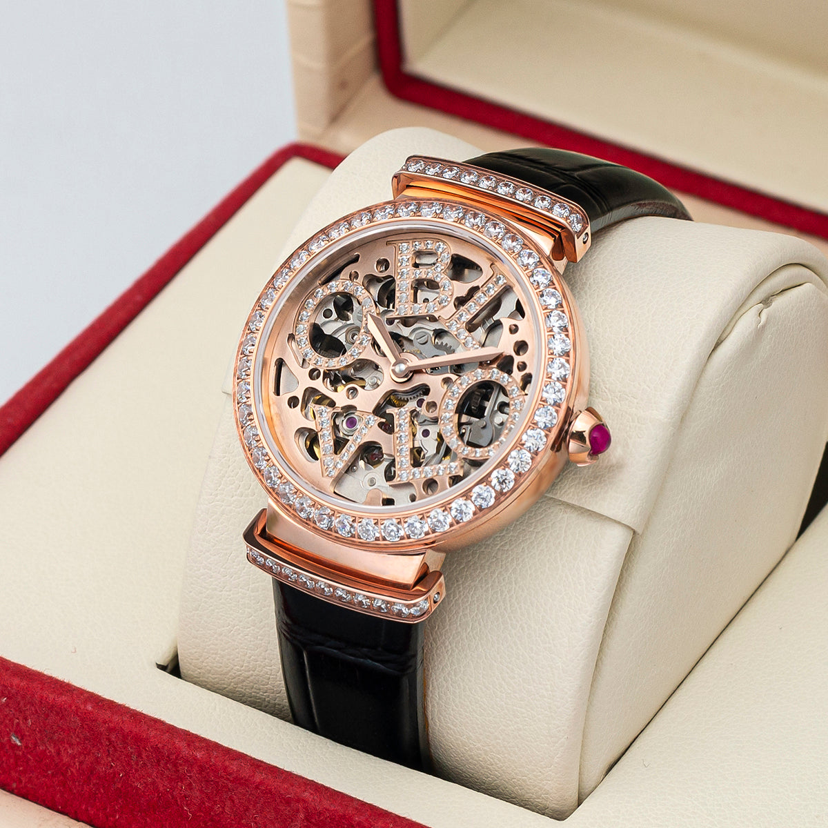 OBLVLO Women Skeleton Automatic Watch Mechanical Calf Leather Strap Sapphire Waterproof Dial 34mm BW