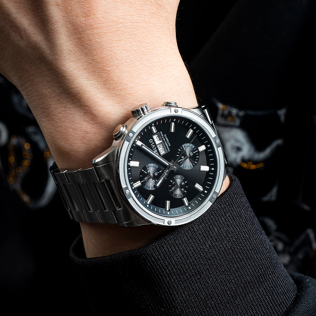 OBLVLO Men Dress Automatic Mechanical Watch Stainless Steel Strap Sapphire Year Month Weekly Calendar 24Hour Luminous Clock CM