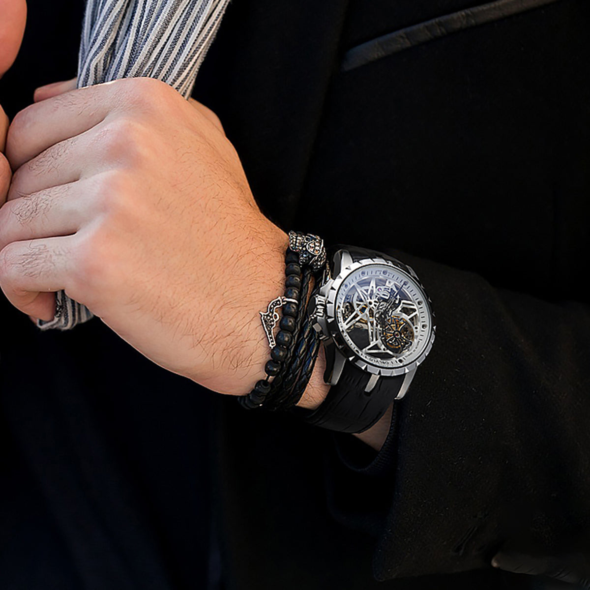 OBLVLO Luxury Sport Men Skeleton Automatical Watch Mechanical Calfskin Strap Sapphire Waterproof Clock RM-S