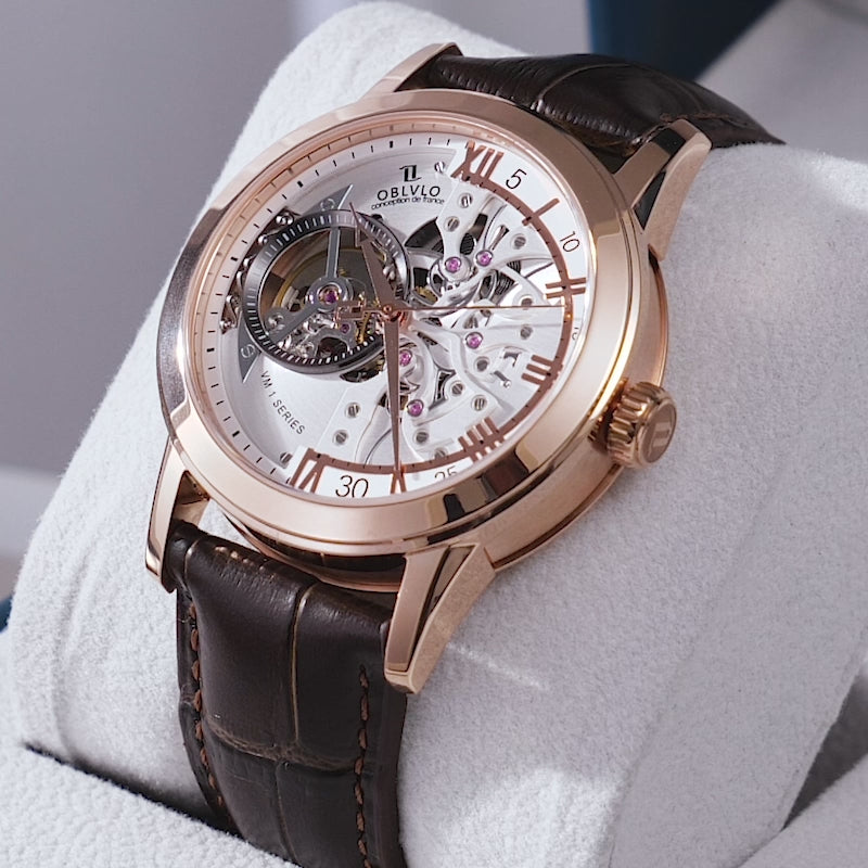 OBLVLO Retro Men Skeleton Automatic Watch Mechanical Casual Calfskin Strap Sapphire Waterproof 42mm VM-S