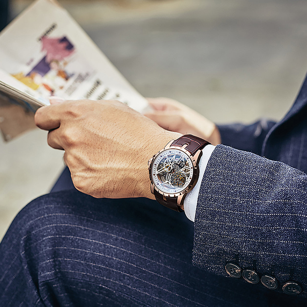 OBLVLO Luxury Sport Men Skeleton Automatical Watch Mechanical Calfskin Strap Sapphire Waterproof Clock RM-S