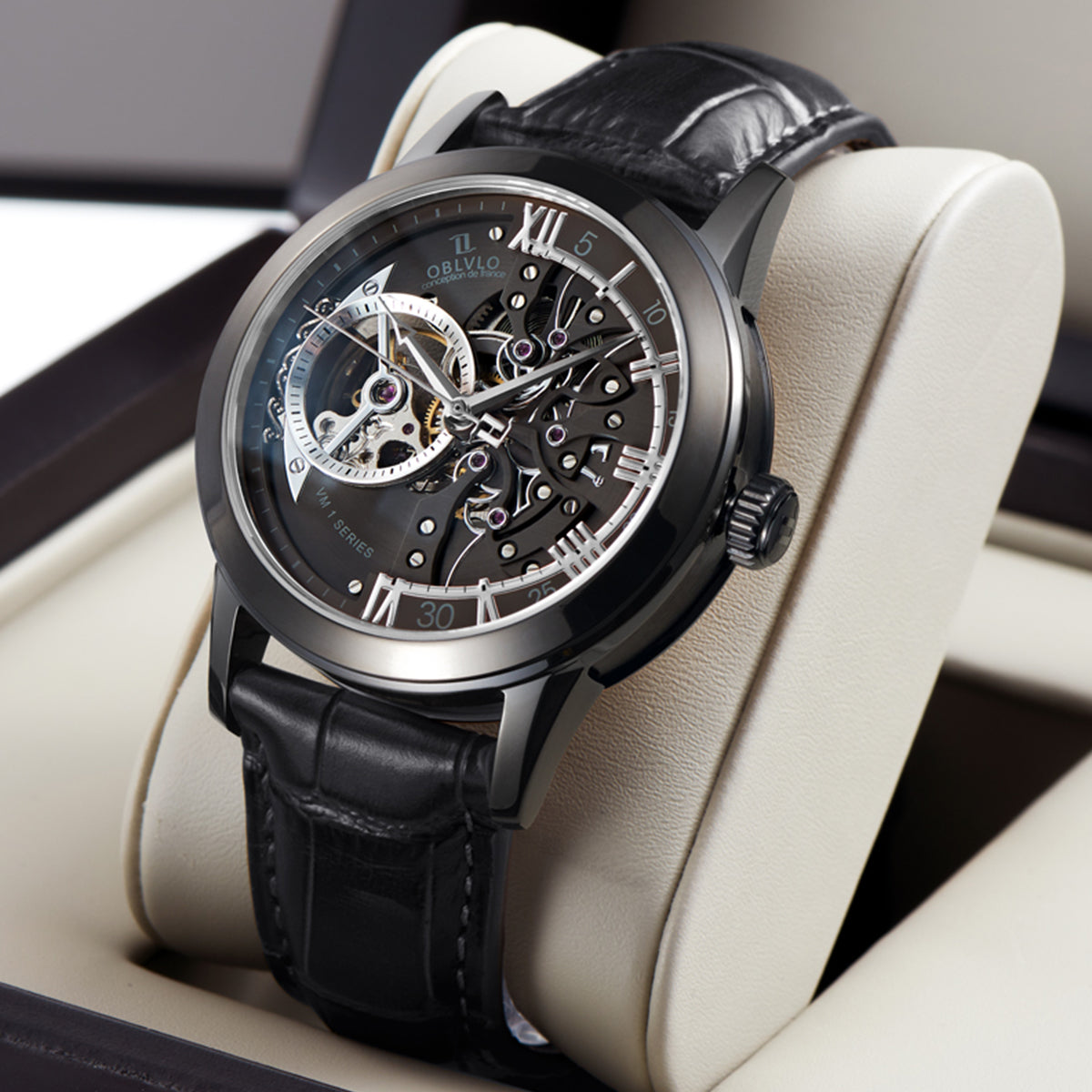 OBLVLO Retro Men Skeleton Automatic Watch Mechanical Casual Calfskin Strap Sapphire Waterproof 42mm VM-S