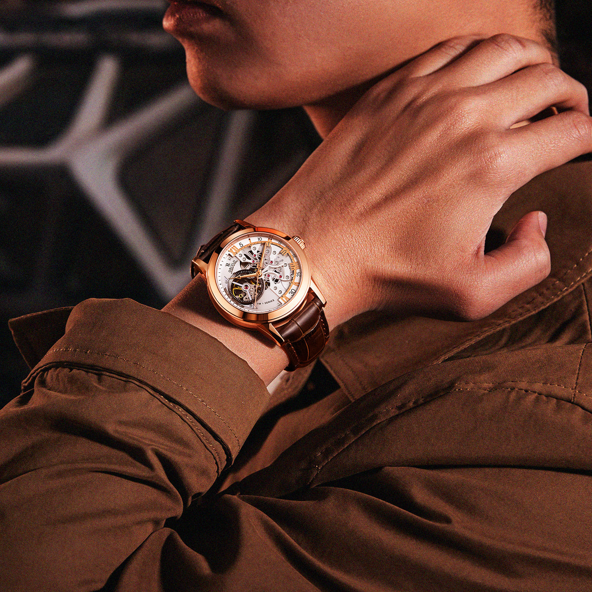 OBLVLO Retro Men Skeleton Automatic Watch Mechanical Casual Calfskin Strap Sapphire Waterproof 42mm VM-S