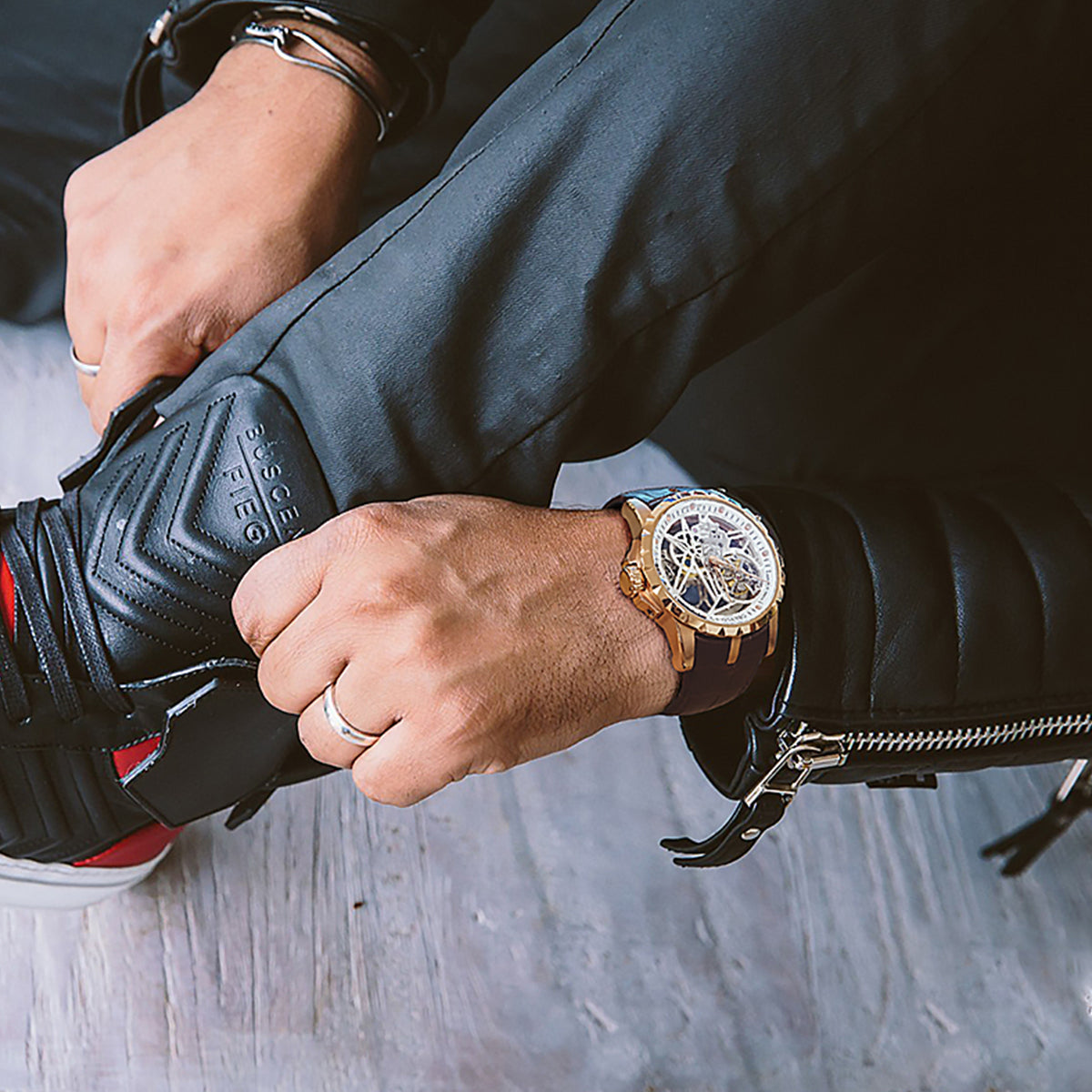 OBLVLO Luxury Sport Men Skeleton Automatical Watch Mechanical Calfskin Strap Sapphire Waterproof Clock RM-S