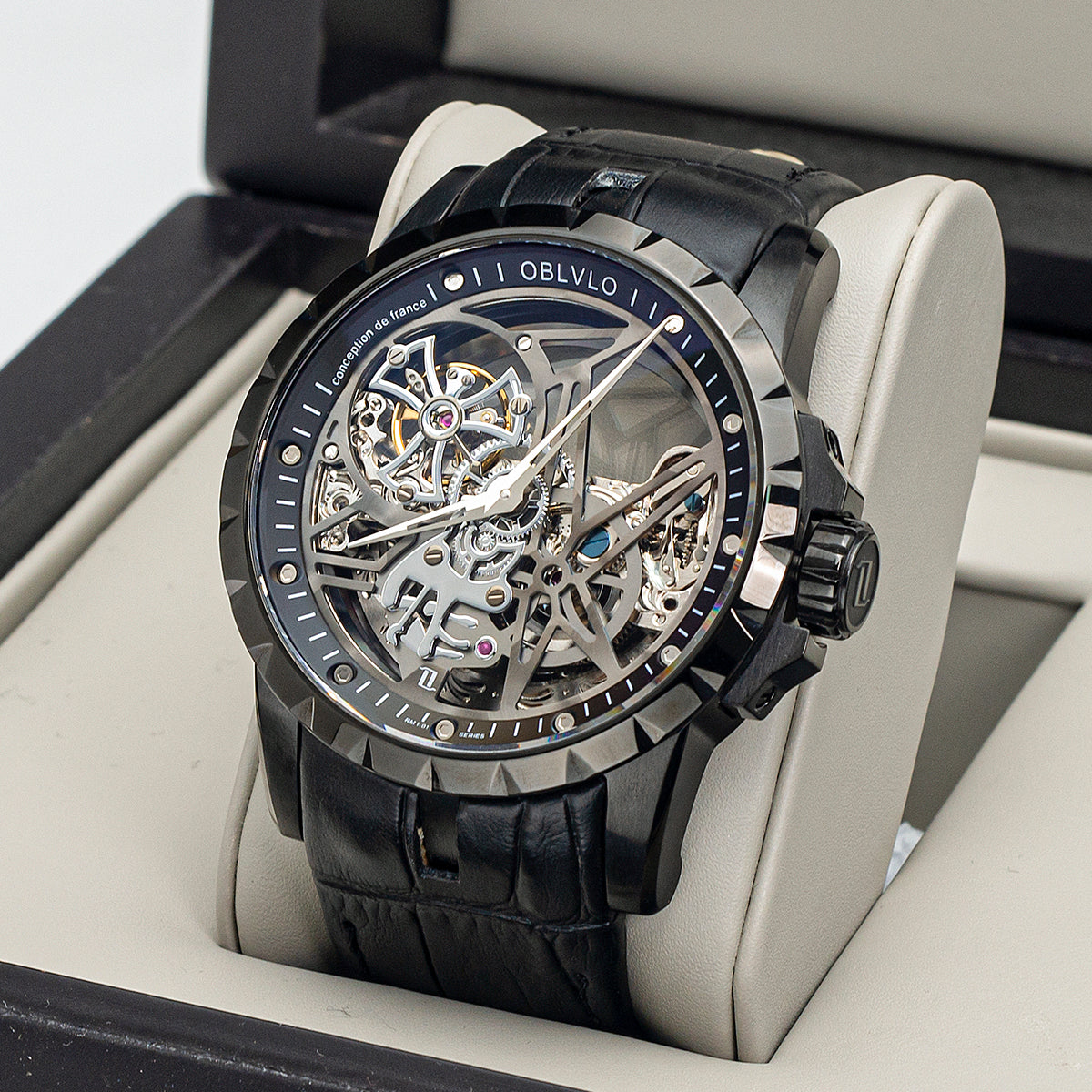 OBLVLO Luxury Sport Men Skeleton Automatical Watch Mechanical Calfskin Strap Sapphire Waterproof Clock RM-S