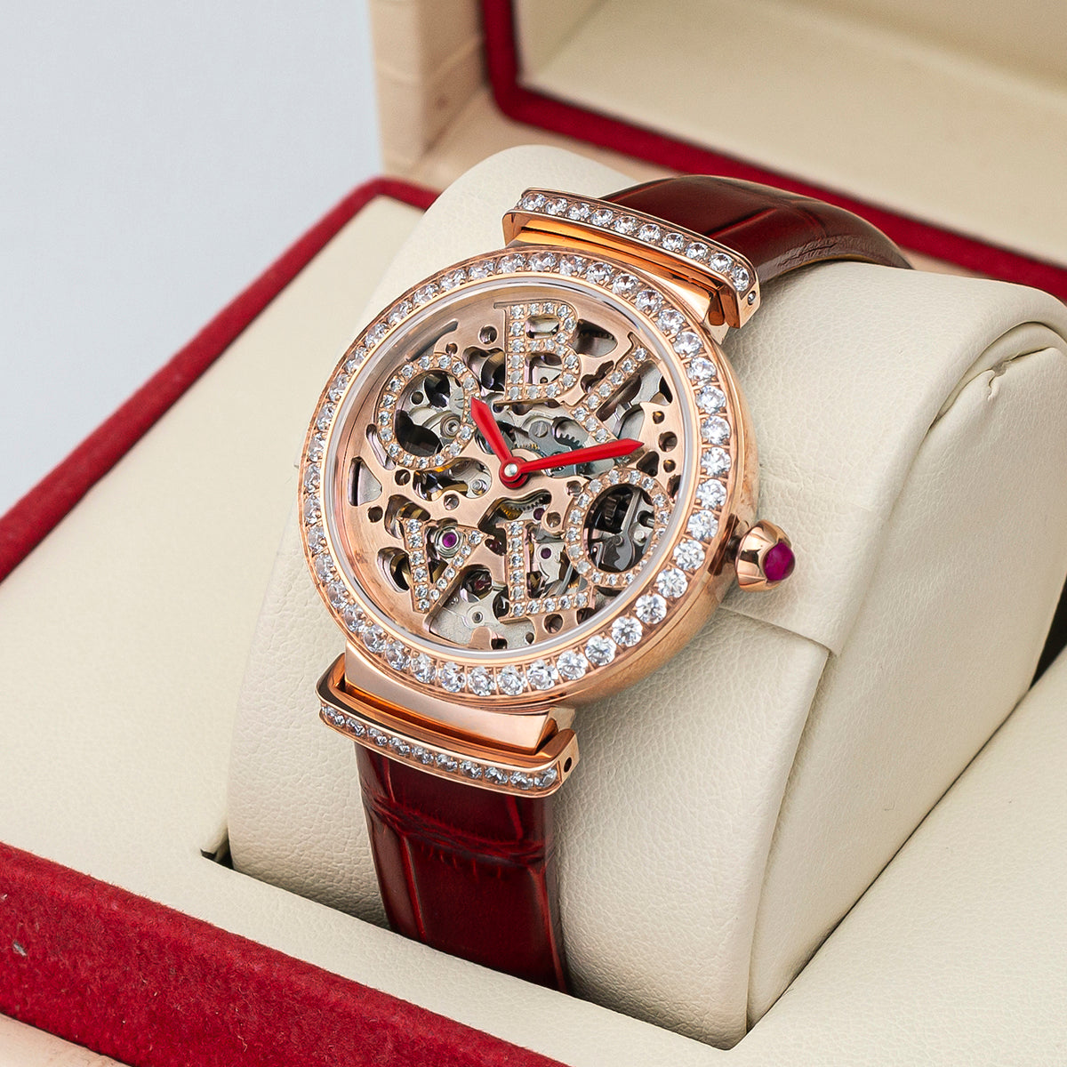 OBLVLO Women Skeleton Automatic Watch Mechanical Calf Leather Strap Sapphire Waterproof Dial 34mm BW