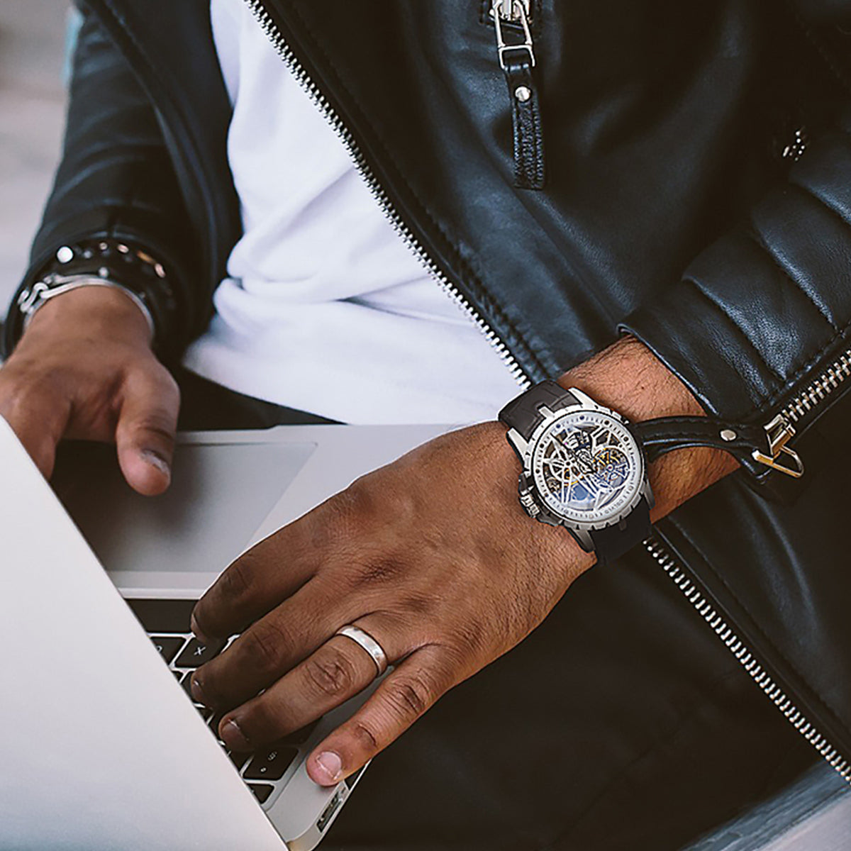 OBLVLO Luxury Sport Men Skeleton Automatical Watch Mechanical Calfskin Strap Sapphire Waterproof Clock RM-S