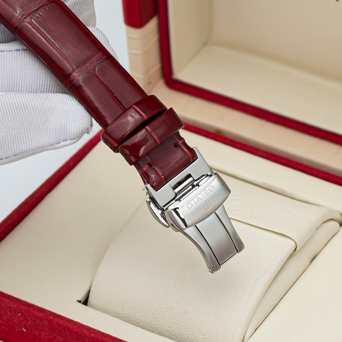 OBLVLO Women Skeleton Automatic Watch Mechanical Calf Leather Strap Sapphire Waterproof Dial 34mm BW