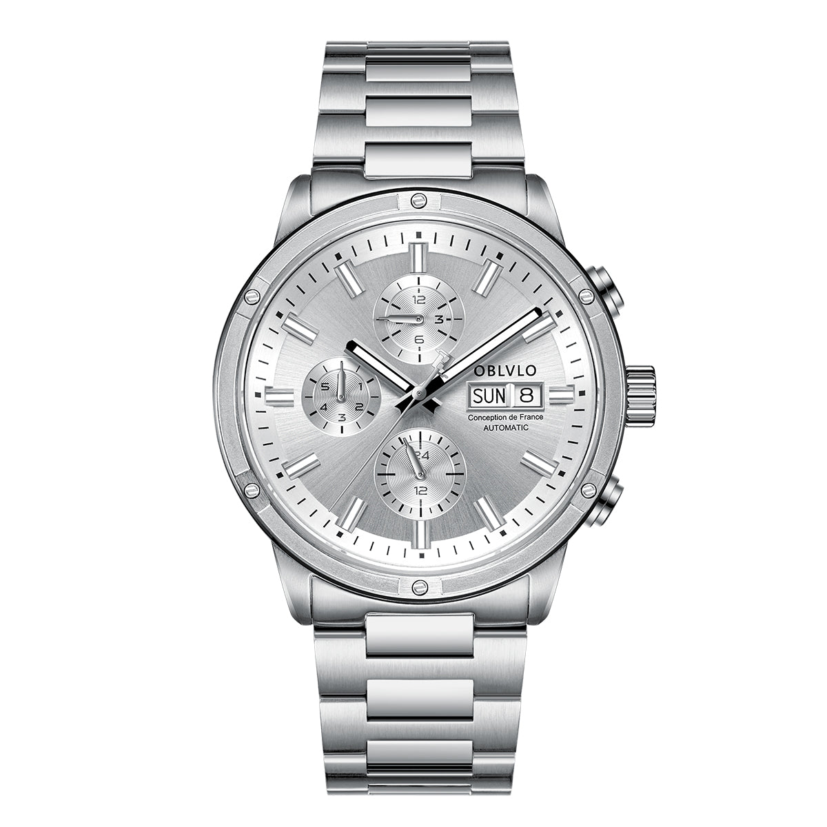 OBLVLO Men Dress Automatic Mechanical Watch Stainless Steel Strap Sapphire Year Month Weekly Calendar 24Hour Luminous Clock CM
