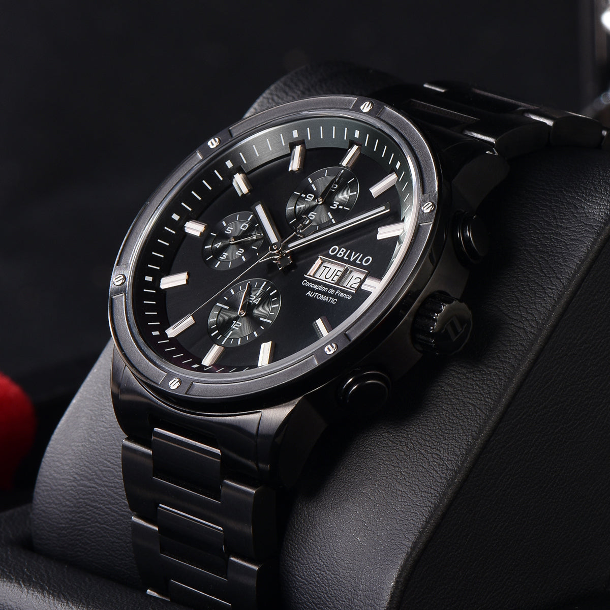 OBLVLO Men Dress Automatic Mechanical Watch Stainless Steel Strap Sapphire Year Month Weekly Calendar 24Hour Luminous Clock CM