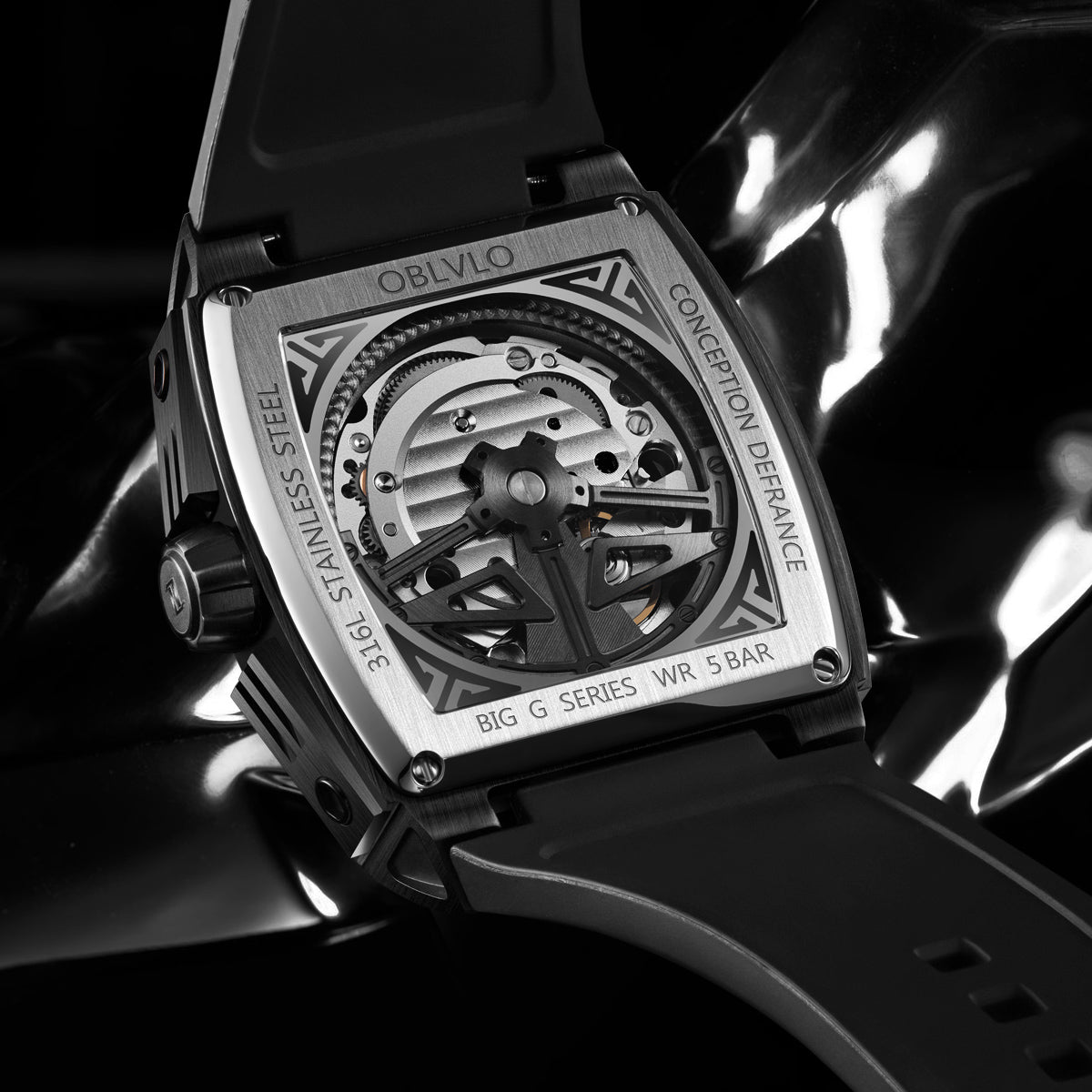 OBLVLO Personalized Men Automatic Mechanical Watch Luminous Skeleton Stainless Steel Case Rubber Strap Sapphire Big Rectangle GM