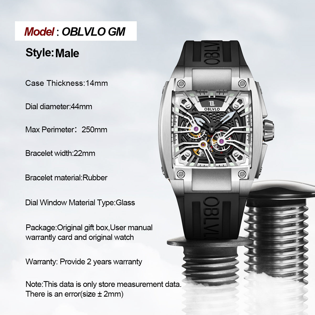 OBLVLO Personalized Men Automatic Mechanical Watch Luminous Skeleton Stainless Steel Case Rubber Strap Sapphire Big Rectangle GM
