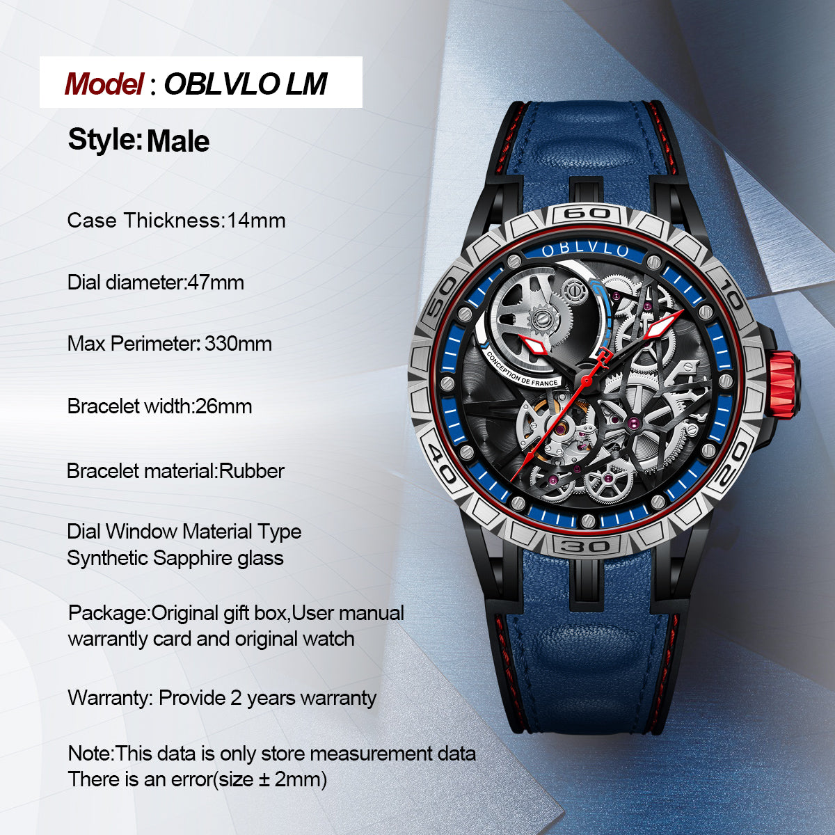 OBLVLO Designer Skeleton Sport Automatic Mechanical Watch For Men Rubber Strap Sapphire Shockproof Waterproof Diameter 47mm LM