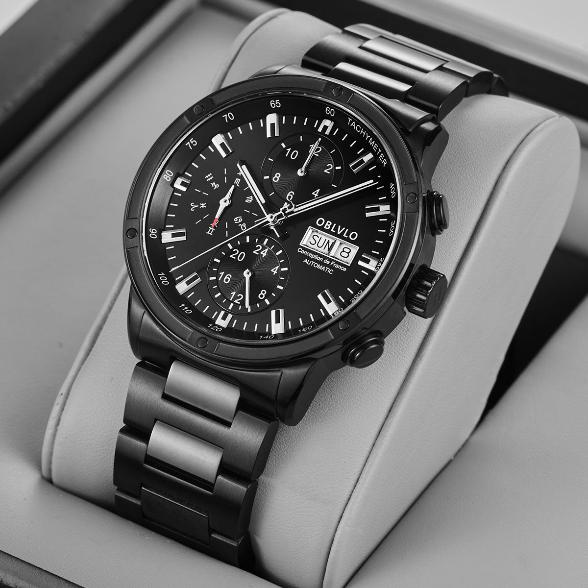 OBLVLO Brand Men Dress Automatic Watch Mechanical Stainless Steel Strap Sapphire Year Month Week Calendar 24-Hour Display CM2